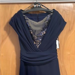Tadashi Shoji Navy Sequin-Trim V-Neck Evening Gown